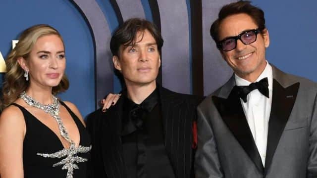 Emily Blunt, Cillian Murphy e Robert Downey Jr do elenco de "Oppenheimer", um dos favoritos do Oscar 2024. (Fonte: Reprodução Google)