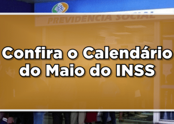 Caixa de texto em dourado escrito "Confira o calendário de pagamento do INSS". AO fundo imagem do prédio do INSS
