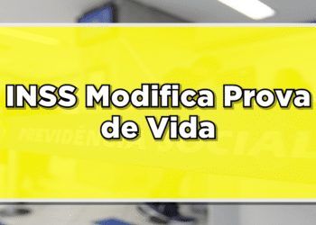 Caixa de texto amarela com a frase "INSS modifica Prova de VIda" em branco. Ao fundo imagem de agência do INSS,.