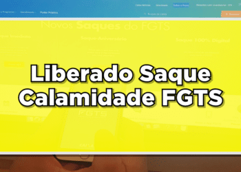 Caixa de texto amarela com texto em branco escrito liberado saque calamidade FGTS. Ao fundo imagem de computador com o site do FGTS aberto.