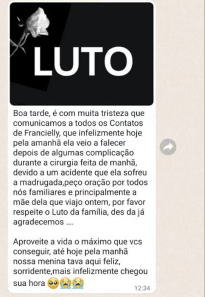 Print de whats app onde familia da jovem diz que ela teria morrido após complicações em uma cirurgia 