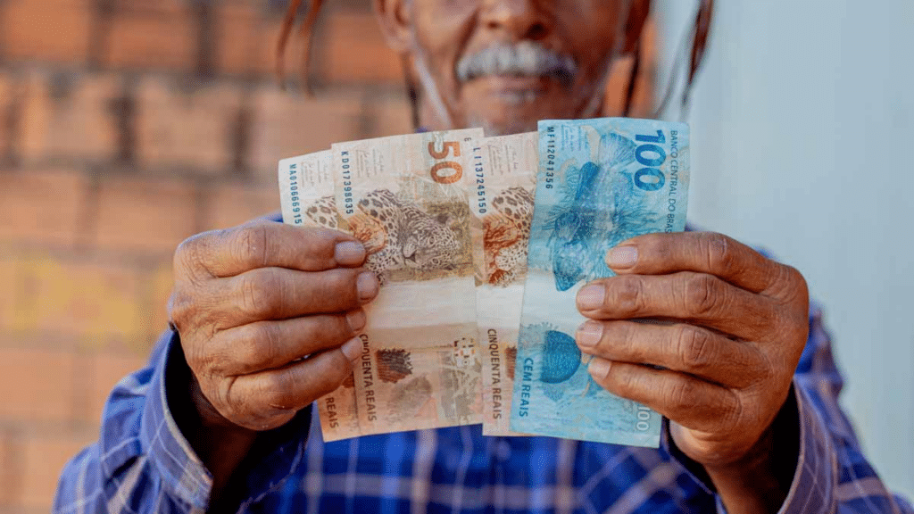 Idoso segura notas de R$100 e R$50. 