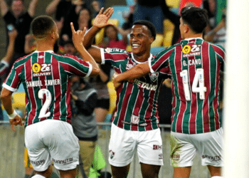 Jogadores do Fluminense comemoram em campo