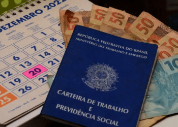 Calendário, carteira de trabalho e notas de dinheiro