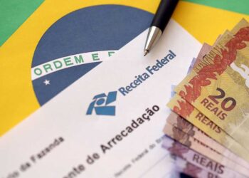 declaração do imposto de renda ao lado de dinheiro e bandeira do Brasil