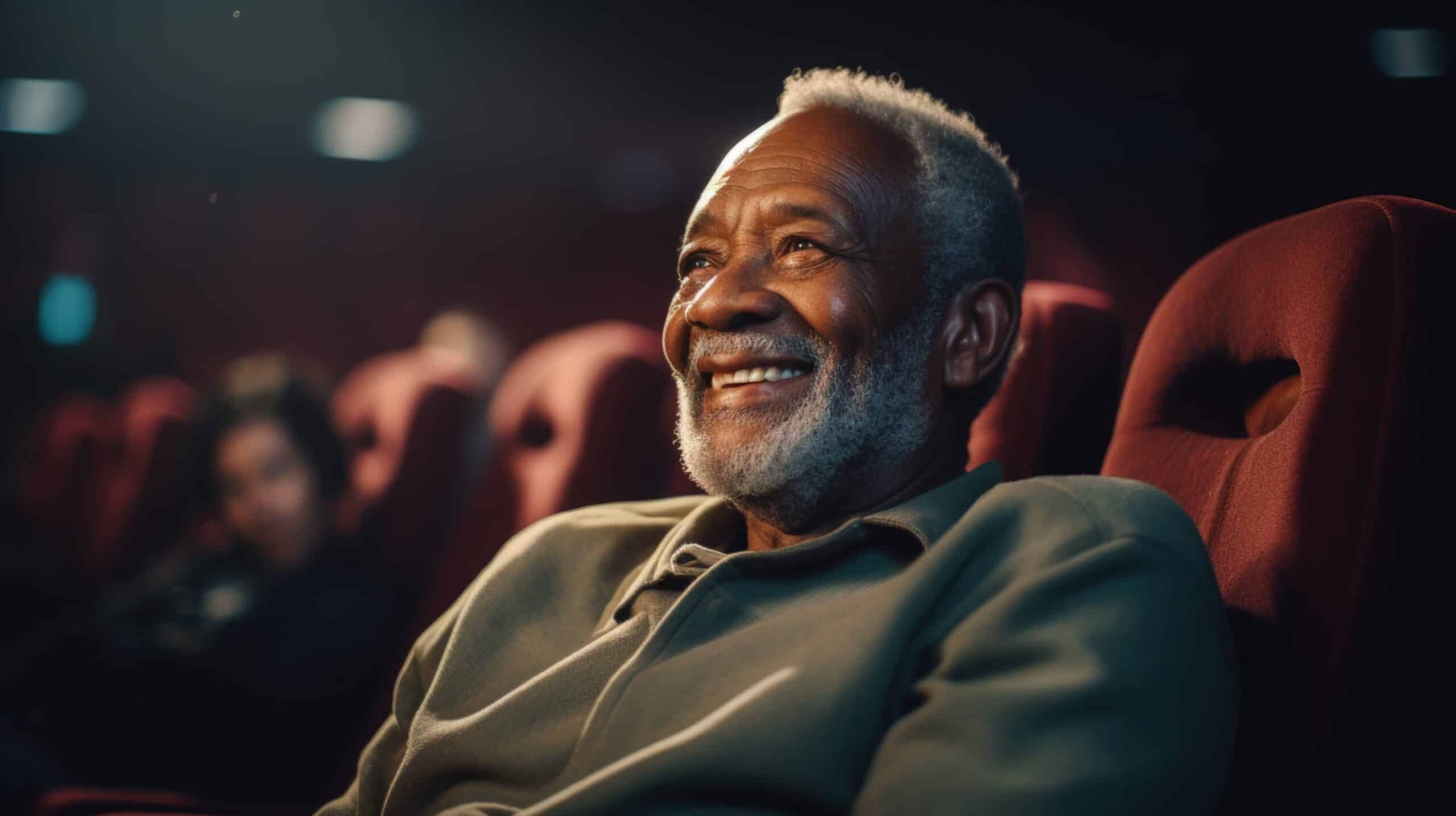 idoso muito feliz no cinema