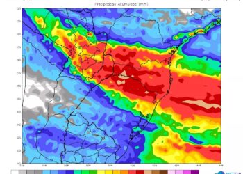 Mapa indicando a projeção de chuva para esta semana (Fonte: Reprodução/MetSul)
