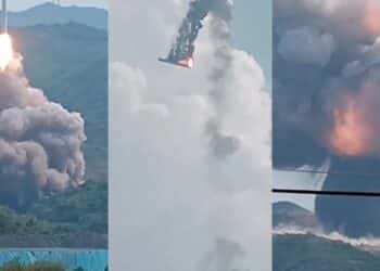 Imagem de foguete chinês caindo divulgada pelo jornalista Andrew Jones (Fonte: Reprodução/X)