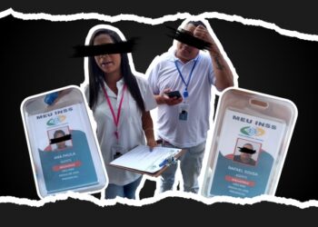 Imagem mostra crachás de golpistas que se passam por funcionários do INSS e imagem dos estelionatários com os olhos cobertos (Fonte: Reprodução/Secom)