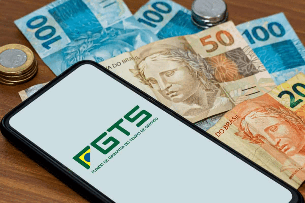 cédulas de dinheiro e celular c om aplicativo do FGTS