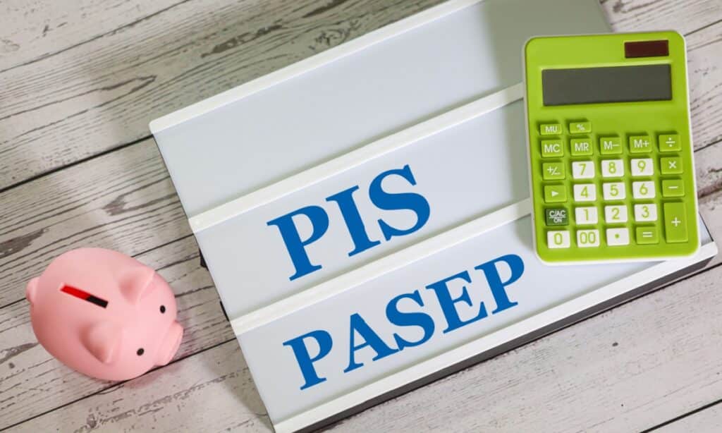tela com a frase "pis pasep" ao lado de um cofre de porco rosa e uma calculadora