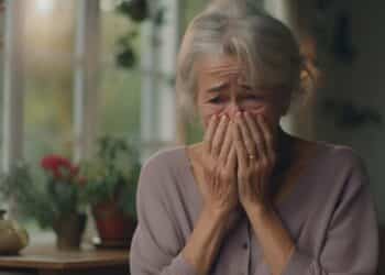 Aposentada chorando por bloqueio de benefícios do INSS. (Fonte: freepik)