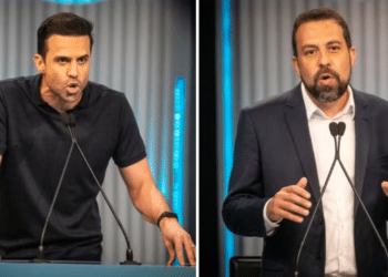 Os candidatos Pablo Marçal (PRTB) e Guilherme Boulos (PSOL) durante debate na TV Globo, em 3 de outubro de 2024. — Foto: Fabio Tito/g1