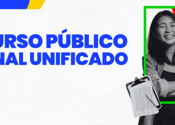 arte com fundo branco, detalhes coloridos, uma moça em preto em branco, e o texto 'concurso público nacional unificado' (Fonte: Gov.br)