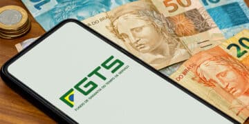 smartphone com app do fgts aberto sobre notas de 100, 50 e 20 reais (Fonte: Reprodução banQi)