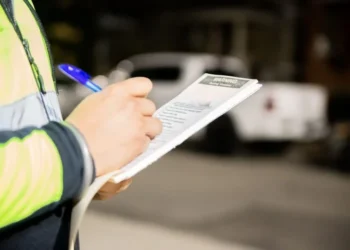 agente de transito segurando caneta e bloco de multa